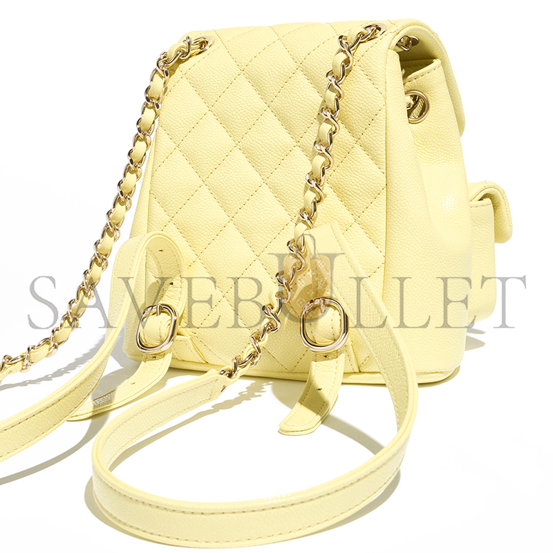 Ch*el small backpack grained calfskin & gold-tone metal light yellow as3787 b16985 (17.5*16.5*10cm)